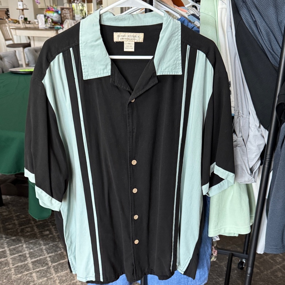 Island Republic Bowling Shirt XXL Black Mint Retro Collar Button Up Vintage look